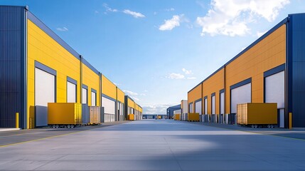 Obraz premium A wide shot of industrial warehouses with bright yellow exteriors, flanked by blue skies and scattered clouds, creating a vibrant, modern atmosphere.