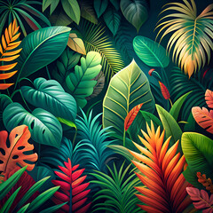 A Vibrant Tropical Jungle Pattern with Lush Green and Red Foliage.