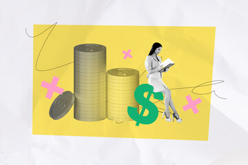 3d sketch poster trend collage image of happy businesswoman hold clipboard documentation coin...