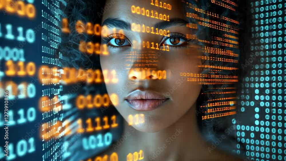 Poster woman's face is projected onto a wall of binary code. concept of technology and the idea of the woma