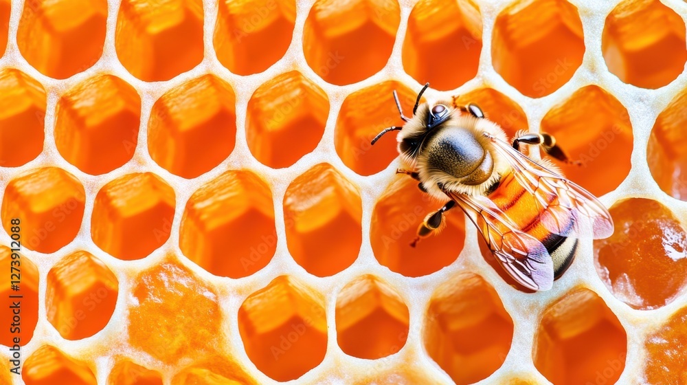 Poster close up view of a bee on a honeycomb, showcasing the intricate hexagonal structure and amber honey.