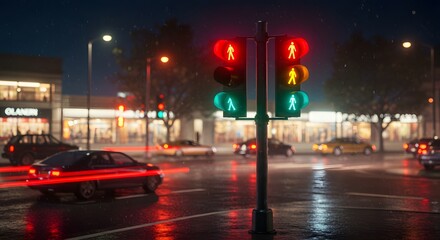 City Street at Night with Pedestrian Traffic Light and Cars