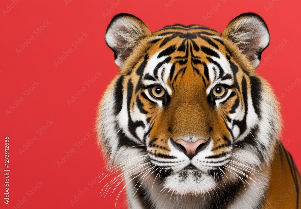 Poster close up portrait of a large feline against a solid red background. the feline's expression is inten