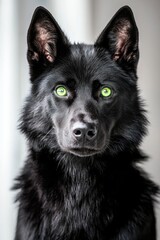 Close up portrait of a dark coated dog with bright green eyes, looking directly at the camera. The dog has a thick coat and appears alert and