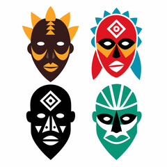 Ethnic mask tribal Indian or African colorful masks silhouette icons vector