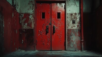A fire exit door with peeling red paint and corroded locks in a long-abandoned industrial building, captured in sharp 4K with moody shadows