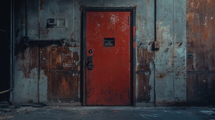 A fire exit door with peeling red paint and corroded locks in a long-abandoned industrial building, captured in sharp 4K with moody shadows