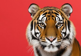 Fototapeta premium Close up portrait of a large feline against a solid red background. The feline's expression is intense, its fur is detailed, and its whiskers are