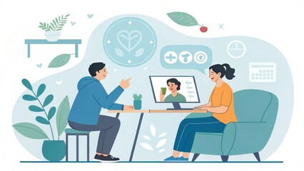 A digital consultation scene featuring two individuals, one speaking on a video call while the other listens, surrounded by plants and modern decor.