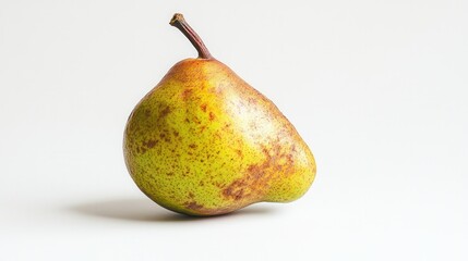 A ripe arafed pear displays a smooth white surface marred by a distinct brown spot, highlighting its natural imperfections and freshness.