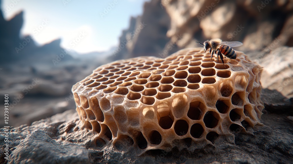 Poster close up view of a honeycomb structure resting on a rocky surface, with an insect perched on the edg