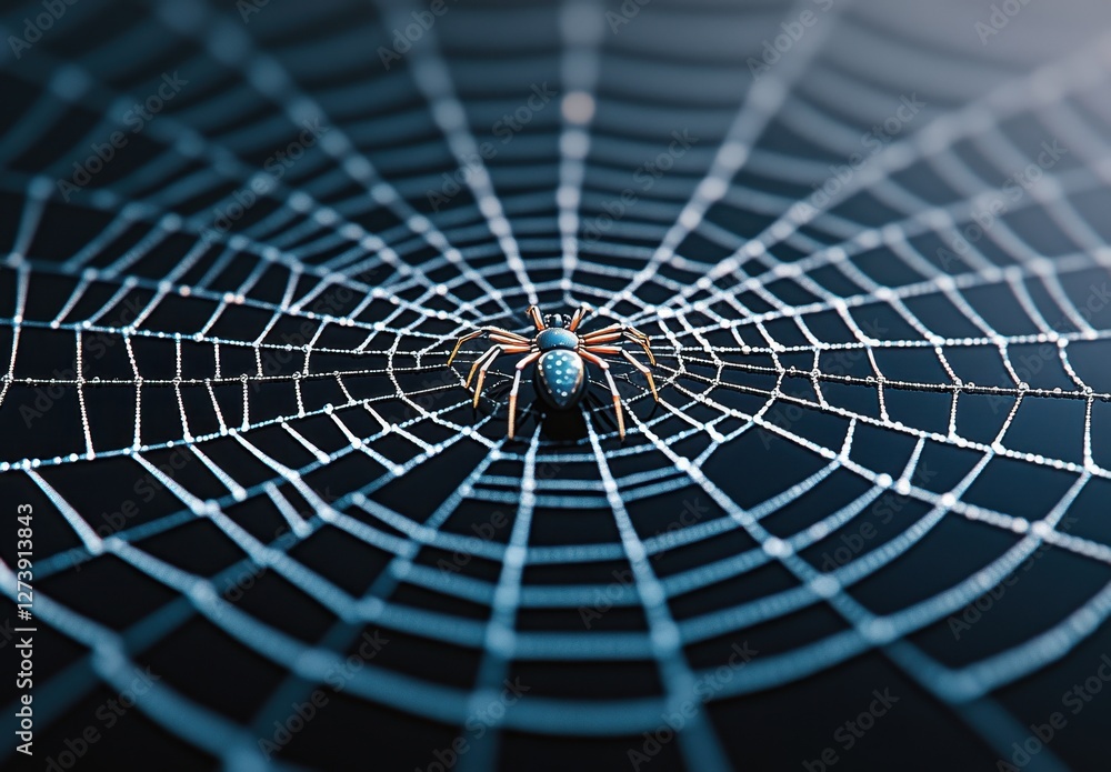 Poster close up view of an insect centered in its intricate web, dark background, detailed texture, shallow