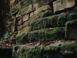 Moss-covered stone steps leading upwards in a serene, natural environment with scattered leaves