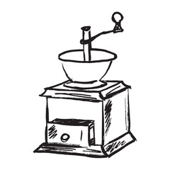 Retro wooden coffee beans grinder in black brush stroke texture isolated on white background. Hand drawn vector sketch illustration in vintage charcoal ink. Coffee making design, fresh aroma