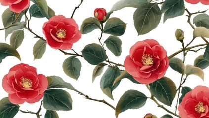 Vibrant red camellia flowers on a delicate white background, showcasing exquisite floral detail and lush green leaves, perfect for spring designs