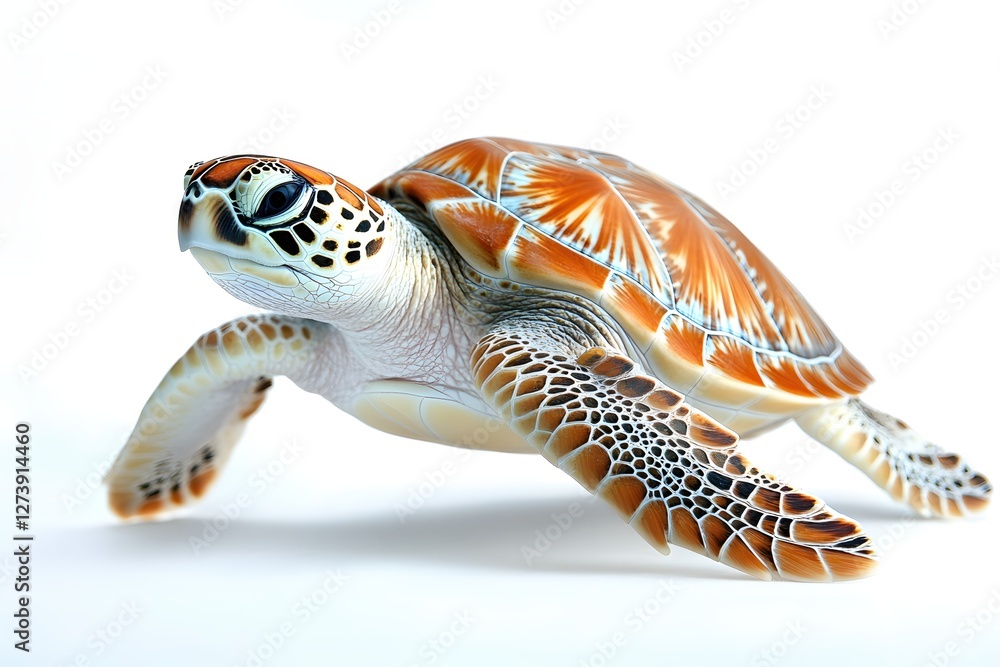 Poster elegant turtle portrait on white background showcasing intricate shell patterns and textures