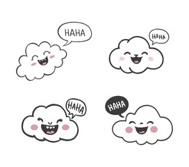 Cute Cartoon Clouds with Happy Expressions and 'HAHA' Speech Bubbles - Kawaii Style Line Art