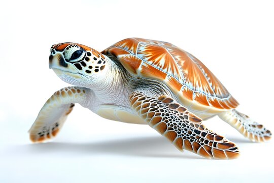 Elegant turtle portrait on white background showcasing intricate shell patterns and textures
