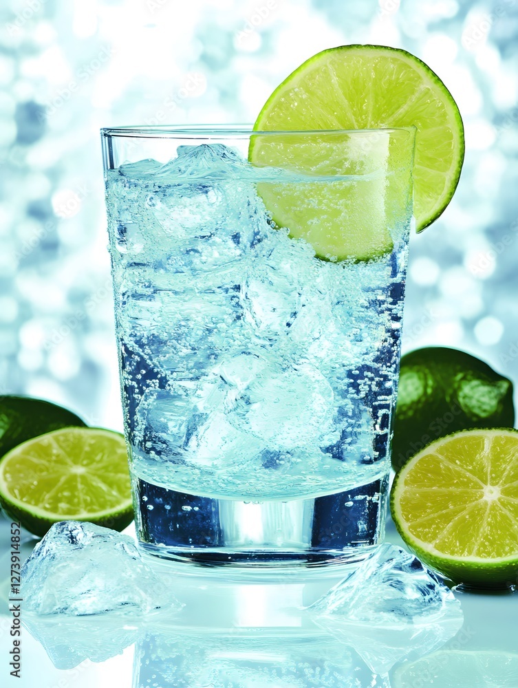 Poster refreshing gin and tonic with lime and ice cubes on a reflective surface and bokeh background