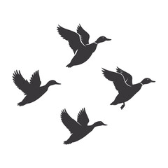 Silhouette of Flying Ducks - Black & White Minimalist Design with Geometric Shapes and Dynamic Poses