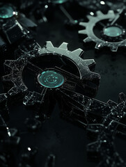Black gears with holographic networking and copy space on a black background