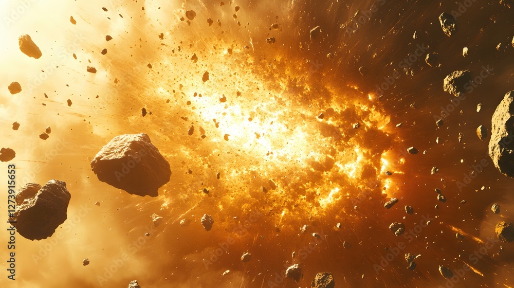 Poster fiery cosmic explosion with scattered asteroids creating a dramatic and intense visual effect