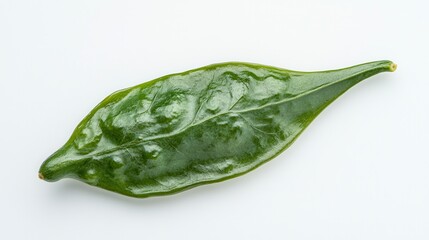 A vibrant green leaf rests elegantly on a clean white surface, showcasing the contrast between nature and minimalism.