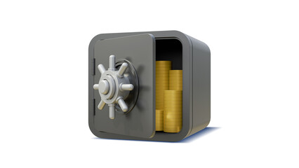 Safe box of coins stack on white background. Business banking concept. Financial security. Finance concept. Safe storage of savings. Safe storage of savings. Protection of bank deposits and wealth.