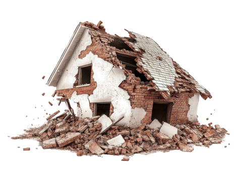 Isolated Destroyed House with Rubble After Catastrophe