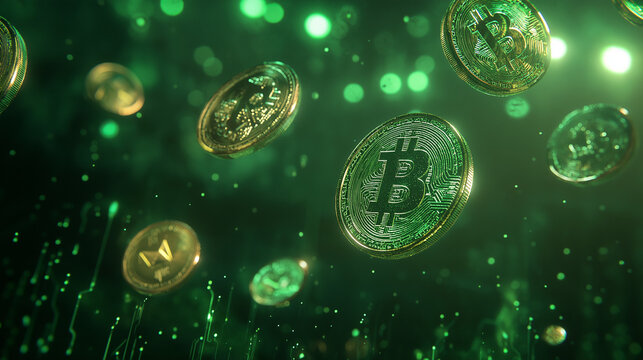 Generate a 3D image of various cryptocurrency coins floating in mid-air. The background is a dark green, resembling an electronic circuit board.