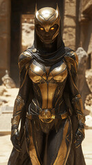 a person dressed in an elaborate, golden armor with a matching cape, standing in a desert-like environment with ancient carvings in the background. The armor features intricate designs and glowing eye