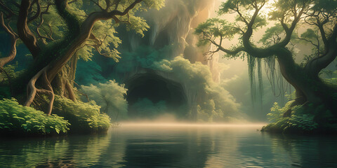 Fototapeta premium A breathtakingly beautiful nature background wallpaper featuring a majestic, ancient cave, its rustic, weathered entrance cloaked in a profusion of emerald-green foliage, created by generative ai