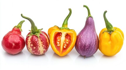 A vibrant display of various colored peppers arranged neatly in a row, showcasing their natural beauty and diversity in shape and hue.