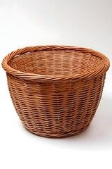Fototapeta premium Woven Basket Brown Rattan Container Empty Receptacle Isolated Against White Backdrop Studio Shot
