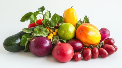 A vibrant assortment of various fruits and vegetables arranged neatly on a table, showcasing their colors and textures.