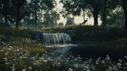 Naklejka premium Serene Waterfall Cascading into a Forest Pond