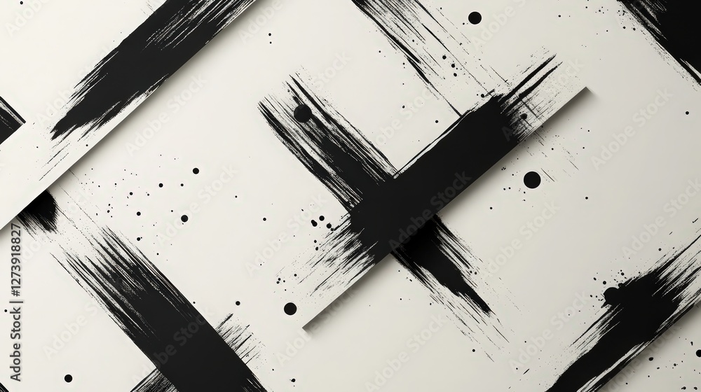 Poster minimalist abstract background with black brush strokes and splatters design