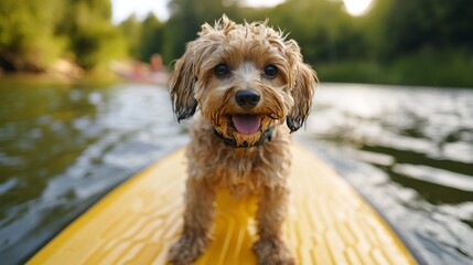 A joyful maltipoo or poodle balancing gracefully on a stand up paddle board or surfing board on the lake
