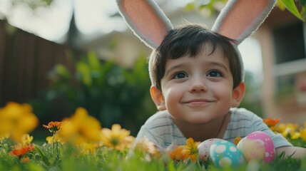 Smiling child with bunny ears headband holding colorful easter eggs and celebrating easter in flower garden	
