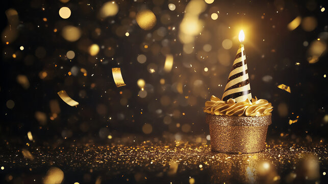 New years eve celebration, milestone, birthday cupcake with a lit candle and a party hat, surrounded by golden confetti and bokeh lights. 
