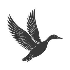Black and White Flying Duck Silhouette - Detailed Feathers and Stylized Graphic Design