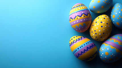Vibrant and colorful Easter eggs adorned with artistic patterns sit against a bright blue background, creating a cheerful ambiance perfect for spring celebrations