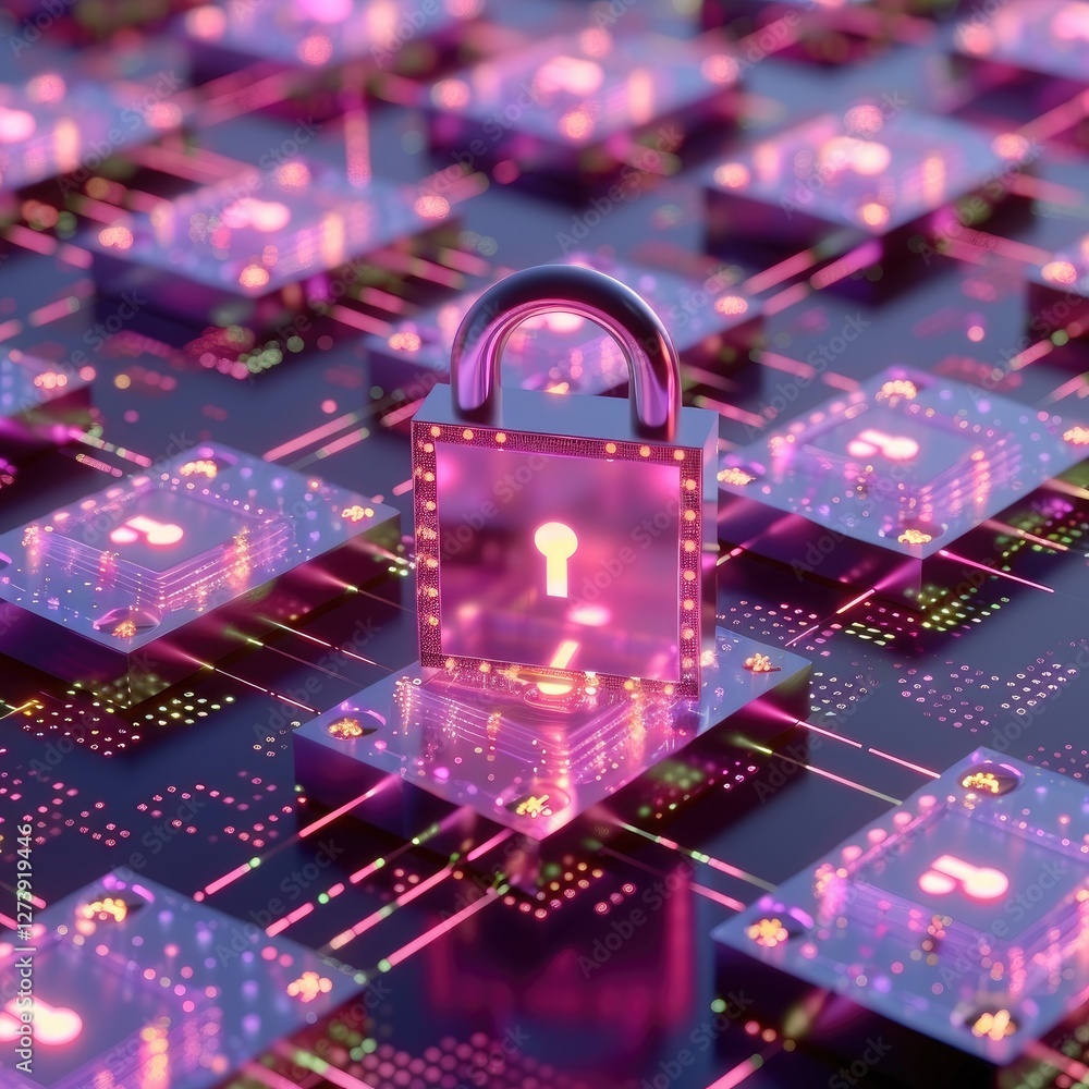 Poster futuristic digital lock with glowing graphics on a circuit board background in neon colors