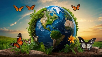 International day for biodiversity or World Wildlife Day concept. Save planet, protect nature and endangered species, biological diversity. Wild animals, Earth globe and flock of butterflies.