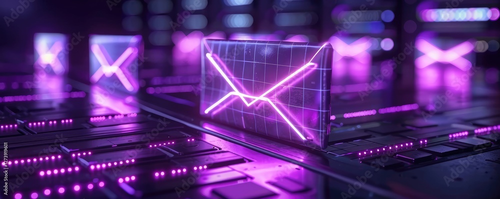 Poster neon light digital communication concept with glowing email icons and circuit background
