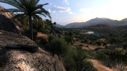 Scenic landscape with a handgun resting on a rock, overlooking a lush valley and mountains