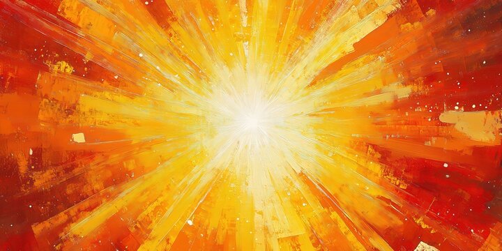 A vivid, dynamic starburst bursts with vibrant oranges and yellows in an energetic, abstract oil-on-canvas masterpiece capturing raw motion