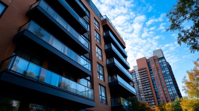 Architectural harmony modern residential building with blue sky backdrop