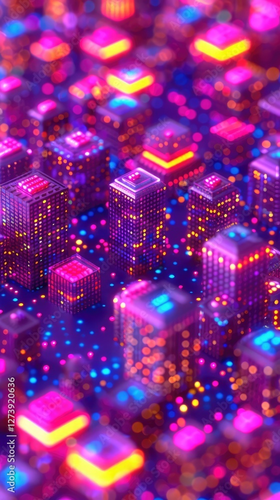 Poster colorful cityscape with glowing lights and vibrant patterns in a mesmerizing abstract design
