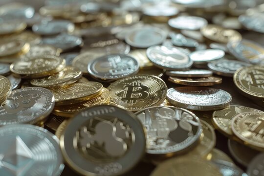 Multiple cryptocurrency coins scattered across sandy beach shore.